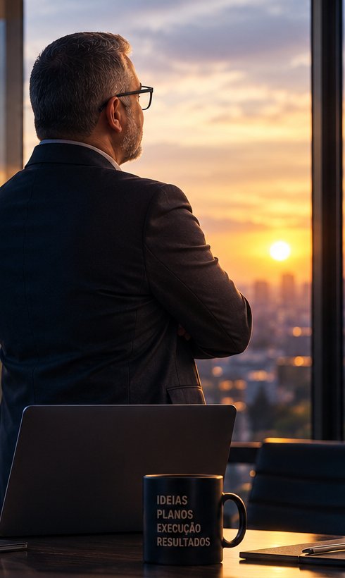 Executivo refletindo sobre a decisão, observando a cidade ao entardecer